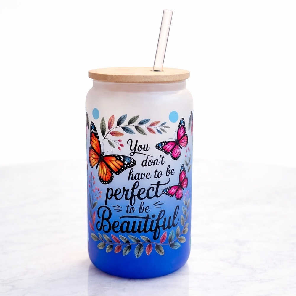 Colorful Butterfly Quote Ombré Glass 16 oz Tumbler